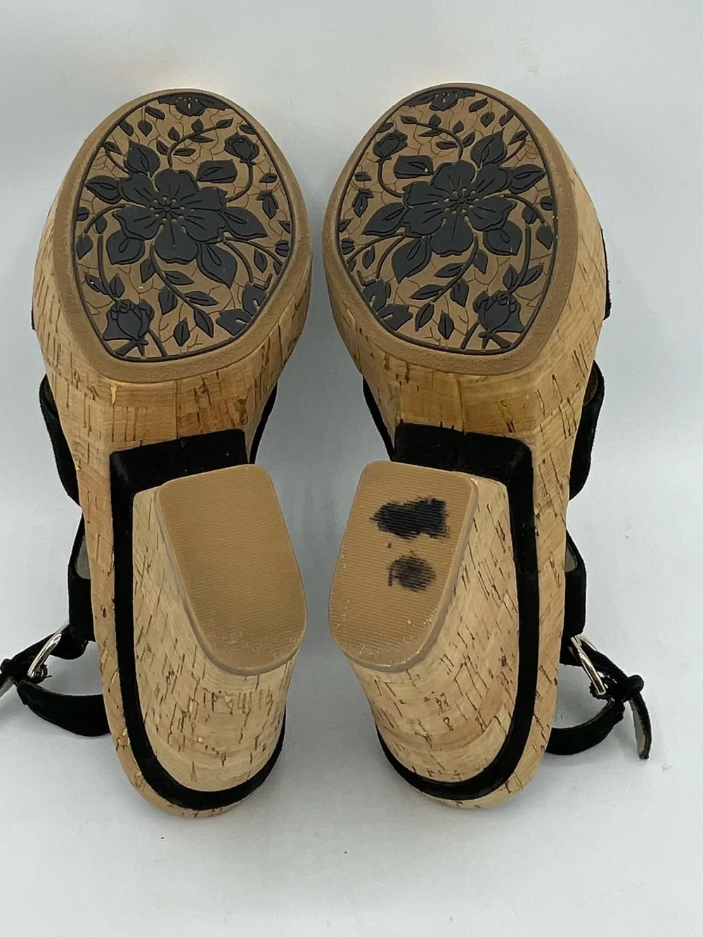 Sofft Black Suede Cork Wedge Sandals with Floral Rosette Accent.